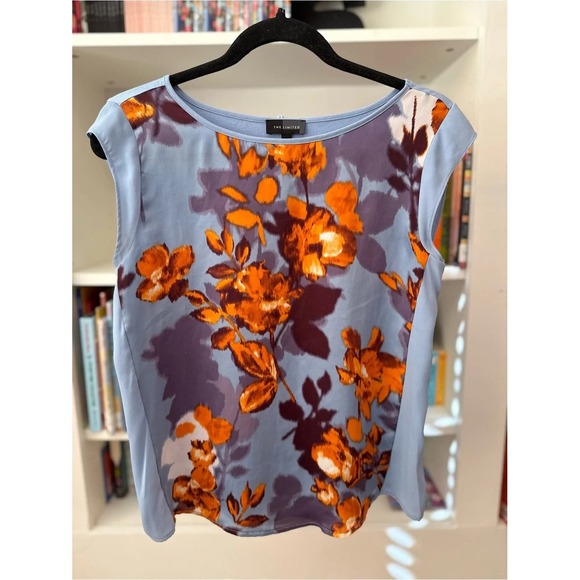 The Limited Tops - The Limited Floral Sleeveless Tunic Blouse - Sky Blue/Orange - Size XS